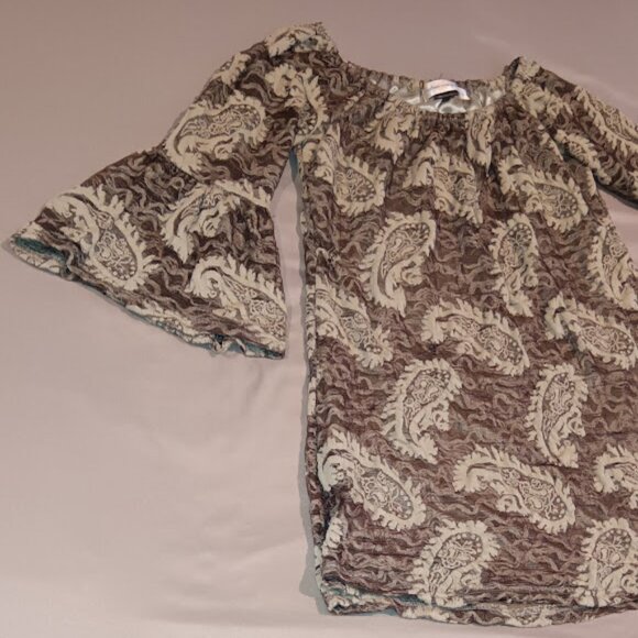 Urban Mangoz Women's LG Dress Natural Green Paisley Retro Bell Sleeve Bohemian - Picture 3 of 11